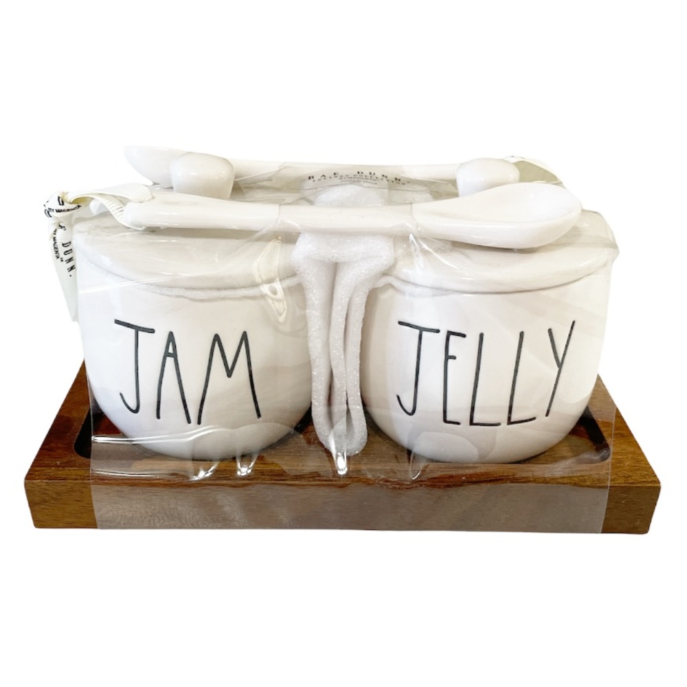 NEW Rae Dunn JAM & JELLY Jar Set w/Serving Spoons & Wooden Tray